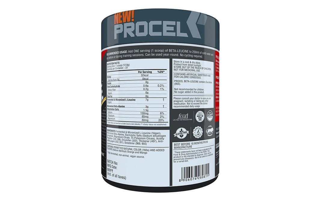 Procel Beta-Leucine Orange-Mango Flavor   Plastic Jar  400 grams